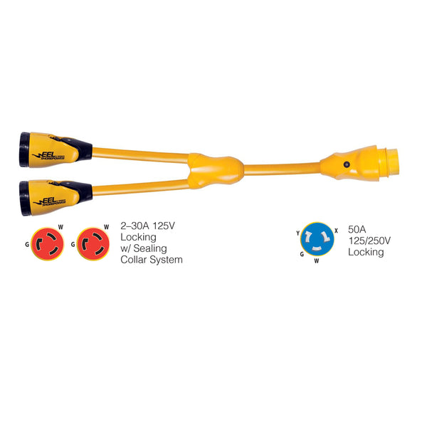 Y504-2-30 EEL (2)-30A-125V Female to (1)50A-125/250V Male "Y" Adapter - Yellow